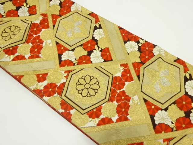 アンティーク　亀甲に菊桐模様織り出し袋帯(材料)